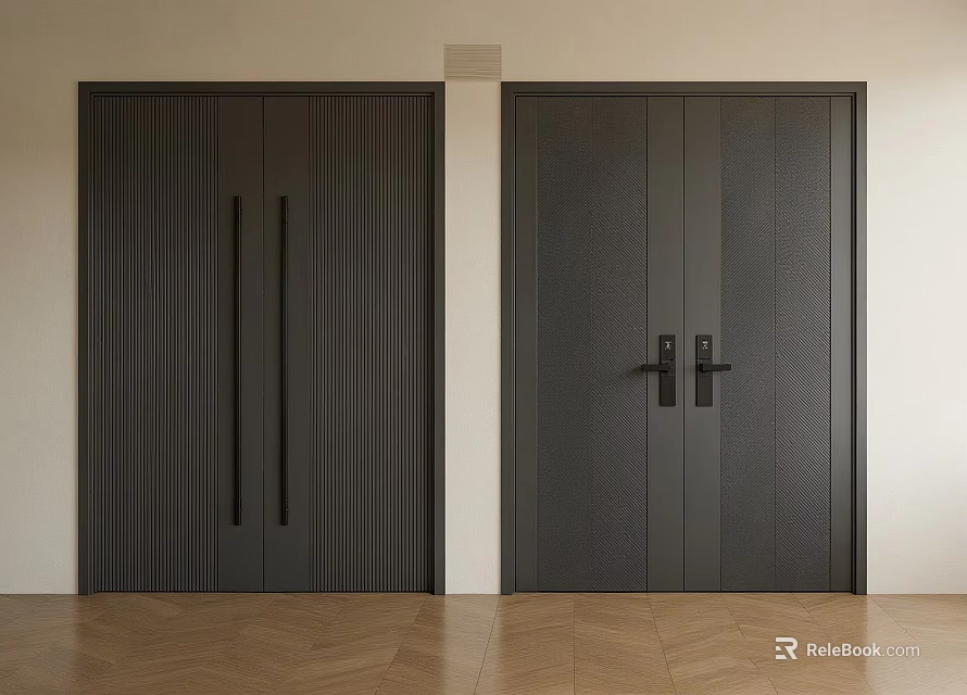 Modern Dark Entry Doors With Vertical Stripes Smooth Panels Handles Light Walls Herringbone Wooden Floor 3d model 