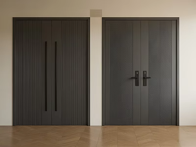 Modern Dark Entry Doors With Vertical Stripes Smooth Panels Handles Light Walls Herringbone Wooden Floor 3d model