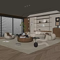 Warm Modern Living Room Interior With Large Windows Blinds Sofa Round Coffee Table And Plant