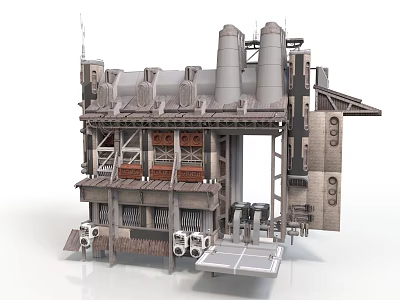 Industrial Building Design Featuring Multi level Metal Structure Chimneys And Pipes 3d model