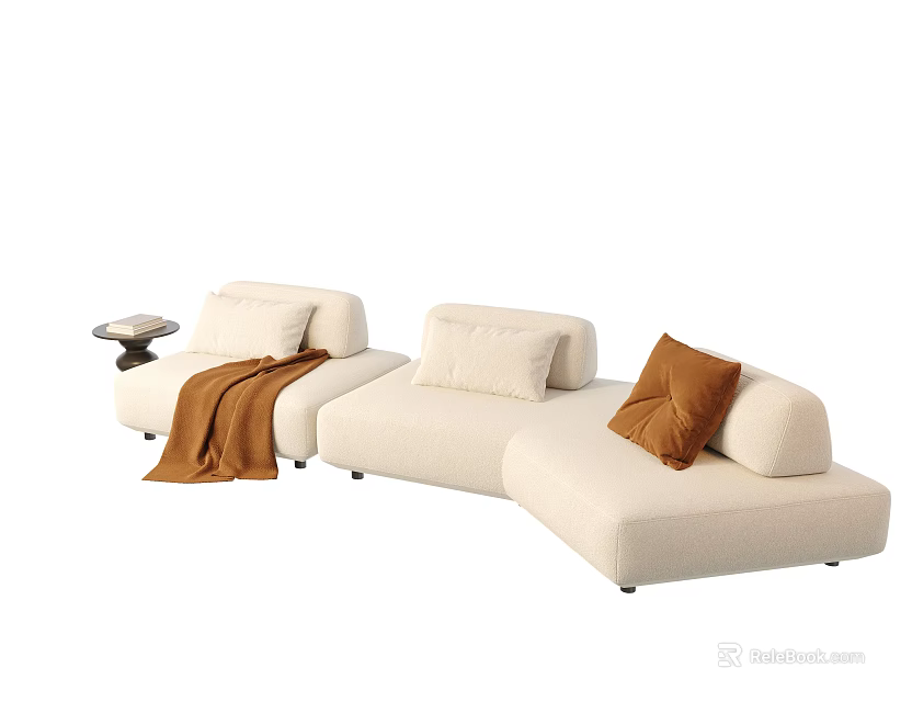 Modern Beige Sectional Sofa With Pillows Throw Blanket And Side Table 3d model