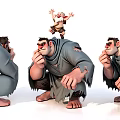 Big Cartoon Doll With Small Child Doll On Head In Different Sitting Thinking Poses