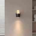 Elegant Wall Sconce With Glass Shade On Light Wall By Wooden Shelf And Window Blinds