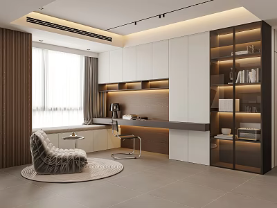 Contemporary Study Room Interior With Built in Bookshelves Desk LED Lighting And Cozy Chair 3d model