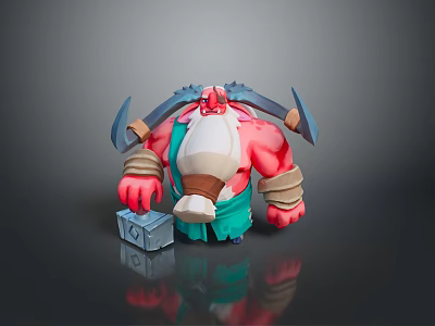 Elderly Man with Red Skin White Beard Suspenders Carrying Large Axes on Shoulders and Toolbox 3d model
