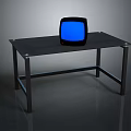 Vintage Computer Monitor With Blue Screen Placed On Black Office Desk Setup