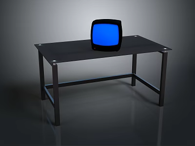 Vintage Computer Monitor With Blue Screen Placed On Black Office Desk Setup 3d model