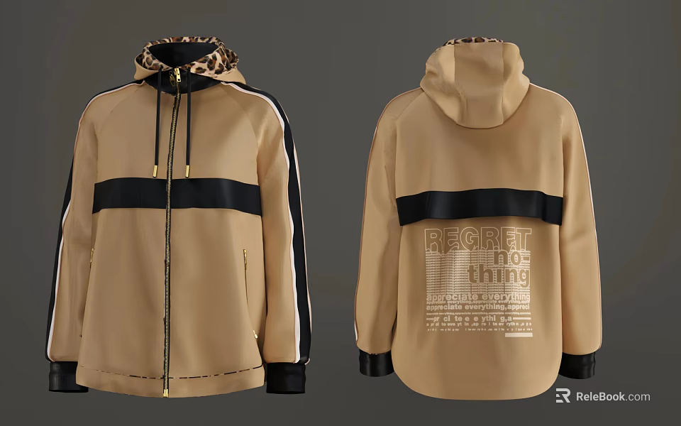 Beige Hooded Jacket With Leopard Lining Black White Stripes And Text Print 3d model 