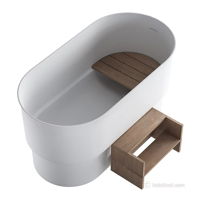 Modern White Bathtub Design With Wooden Steps And Side Bench For Bathroom 3d model 