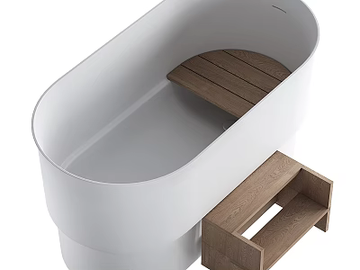 Modern White Bathtub Design With Wooden Steps And Side Bench For Bathroom 3d model