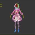 Anime Girl Wearing Pink Dress With Blue Cross Patterns Gray Stockings And Blue White Shoes