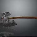 Ornate Metal Axe With Brown Wooden Handle And Detailed Decorative Design