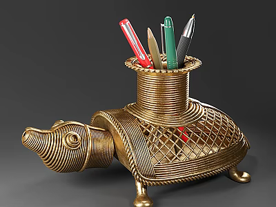 Golden Turtle Shaped Metal Pen Holder With Colored Pens And Pencil 3d model