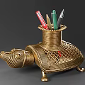Golden Turtle Shaped Metal Pen Holder With Colored Pens And Pencil