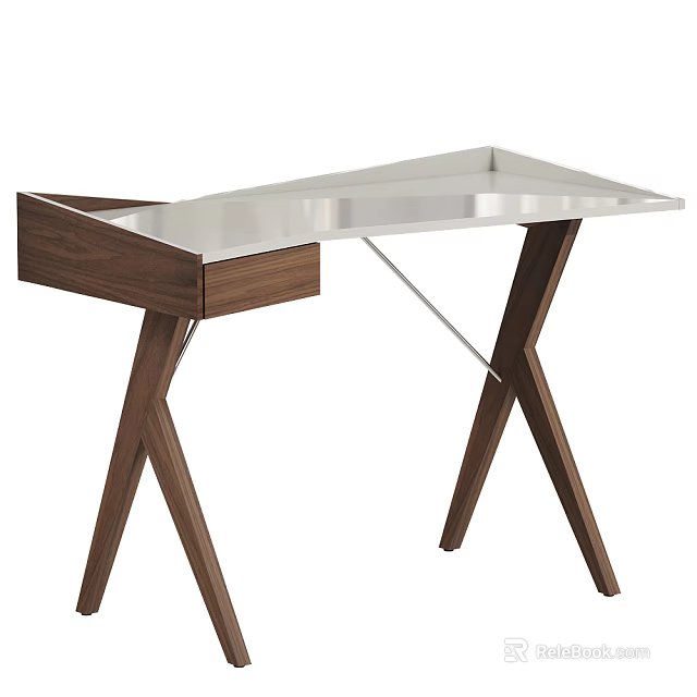 Modern Desk With Metal Tabletop Wooden Drawer And Cross Legs Design 3d model 