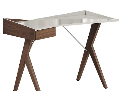 Modern Desk With Metal Tabletop Wooden Drawer And Cross Legs Design 3d model