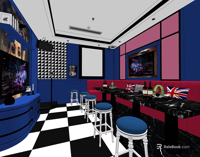 Modern KTV Interior With Blue Pink Walls Checkerboard Floor Red Sofas And Bar Area 3d model 