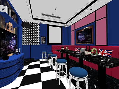 Modern KTV Interior With Blue Pink Walls Checkerboard Floor Red Sofas And Bar Area 3d model