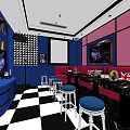 Modern KTV Interior With Blue Pink Walls Checkerboard Floor Red Sofas And Bar Area