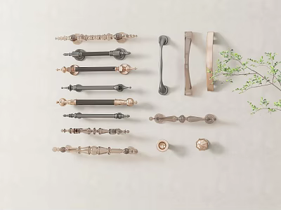 Display Of Various Decorative Metal Handles With Different Styles And Colors 3d model