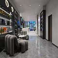 Modern Space With Round Seating Bookshelves Bar Counter Blue Chairs Gray Sofa And White Floor