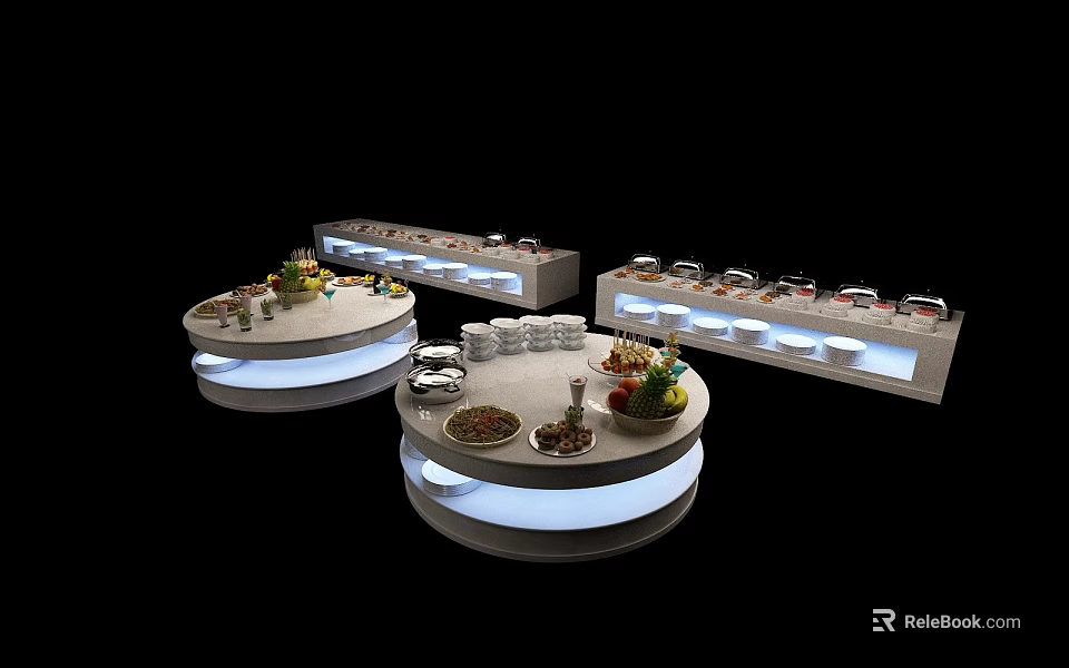 Round Buffet Dining Table With Illuminated Edges Food Displays And Decorative Plates 3d model