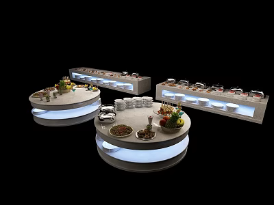 Round Buffet Dining Table With Illuminated Edges Food Displays And Decorative Plates 3d model