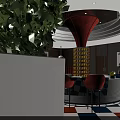 Modern Cinema Interior With Red Seats Round Tables Pendant Lights And Wooden Walls