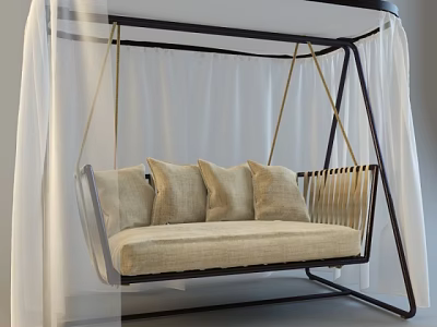 Cozy Hanging Chair With Beige Cushions Dark Frame And White Curtains 3d model