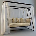 Cozy Hanging Chair With Beige Cushions Dark Frame And White Curtains