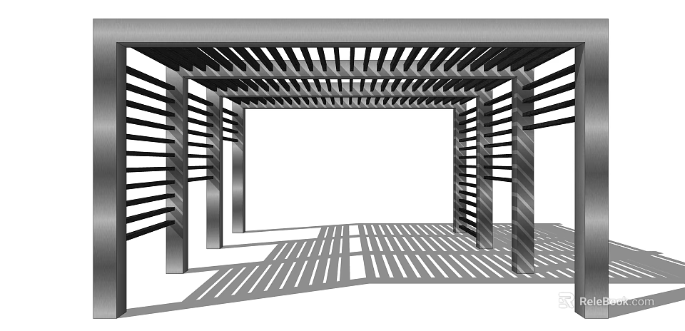 Modern Pergola Design With Metal Frame Lattice Ceiling And Shadow Patterns On Ground 3d model 