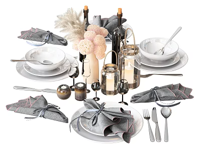 Elegant Modern Dinnerware Set With Bowls Plates Wine Glasses Napkins And Candles 3d model