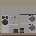 Modern Laundry Room Interior With White Cabinets Stacked Washing Machine And Dryer