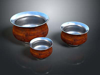 Set of Three Wooden Bowls With Silver Rim And Smooth Polished Surface Design 3d model