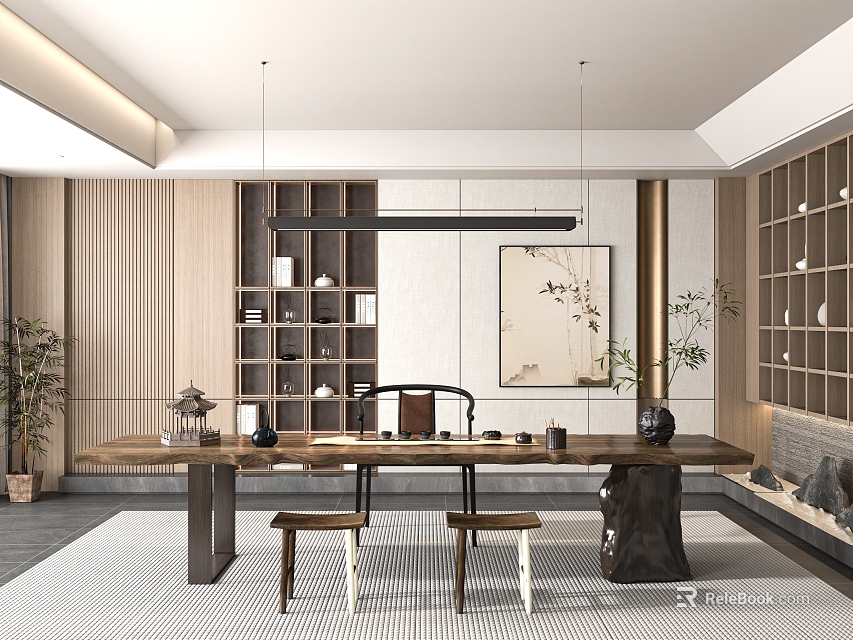 Traditional Tea Room Interior With Wooden Table Stools Bookshelves And Decorative Plants 3d model 