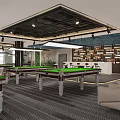 Modern Billiard Room Interior With Billiard Tables Chairs And Greenery