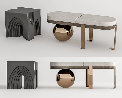 Modern Contemporary Stools With Curved Structure And Gold Metal Sphere Legs 3d model