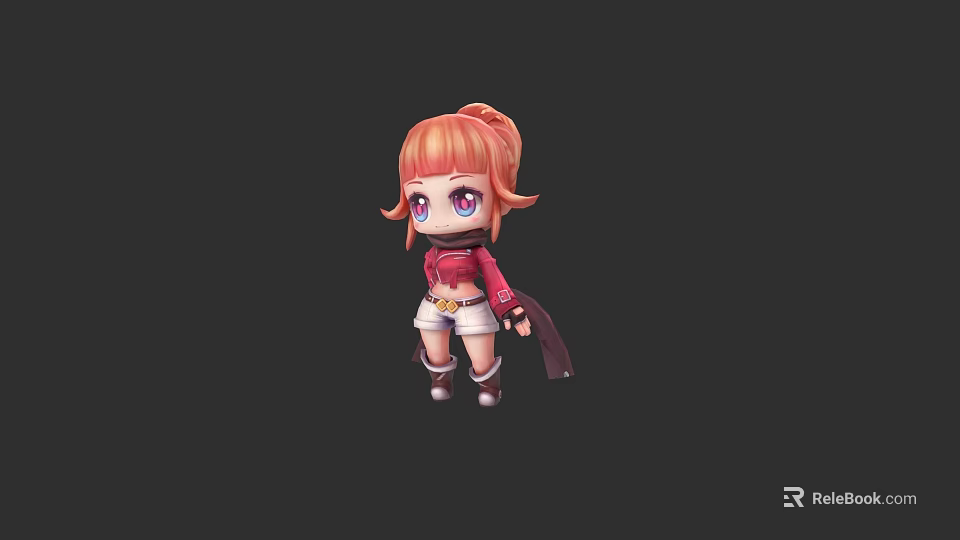 Chibi Game Character With Orange Ponytail Purple Eyes Red Top White Shorts And Black Cape 3d model 