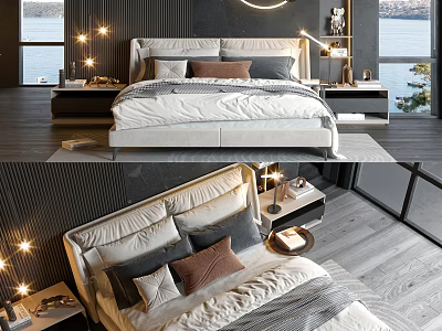Double Bed with Upholstered Headboard and Decorative Pillows in Modern Bedroom with Nightstands and Warm Lighting 3d model
