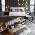 Double Bed with Upholstered Headboard and Decorative Pillows in Modern Bedroom with Nightstands and Warm Lighting