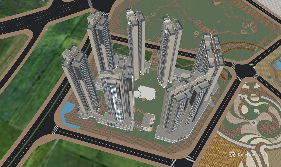 Modern High Rise Buildings Aerial View With Central Green Space And Roads 3d model 