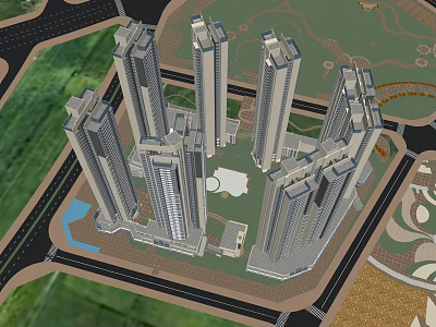 Modern High Rise Buildings Aerial View With Central Green Space And Roads 3d model
