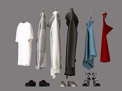 Hanging Casual Clothes In Various Colors And Styles With Shoes 3d model