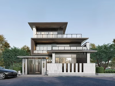 Modern Two Story Detached Villa with Large Glass Windows Stone Facade and Green Surroundings 3d model