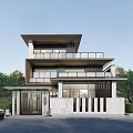 Modern Two Story Detached Villa with Large Glass Windows Stone Facade and Green Surroundings