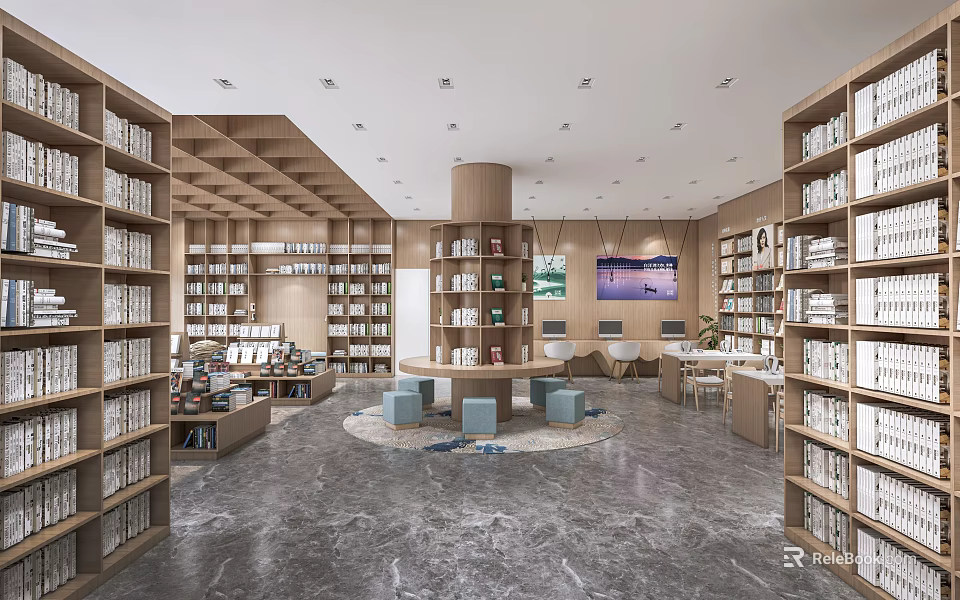 Modern Bookstore Interior Design With Wooden Shelves Circular Table And Seats 3d model 