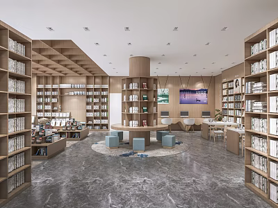 Modern Bookstore Interior Design With Wooden Shelves Circular Table And Seats 3d model