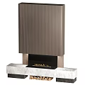 Modern Ribbed Wooden Fireplace With Marble Countertop and Burning Flames Design