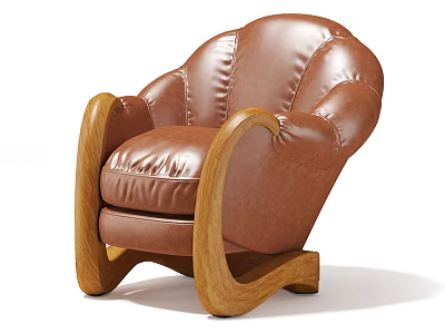 Stylish Brown Leather Single Sofa With Wooden Curved Armrests And Comfortable Design 3d model