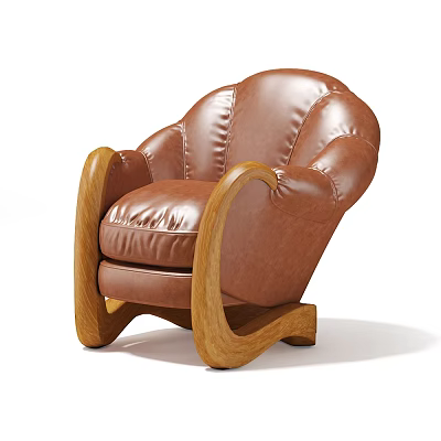 Stylish Brown Leather Single Sofa With Wooden Curved Armrests And Comfortable Design 3d model